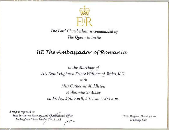 Invitatia  de nunta a  Alteţei Regale Prinţul William de Wales, Cavaler al Jartierei, şi domnişoara Middleton Katherine